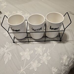 White Ceramic Home Sweet Home Decor Set with Black Wire Rack